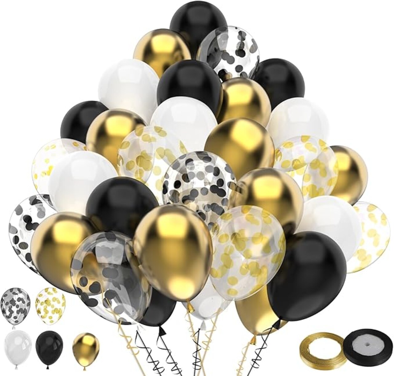 Black Gold White Confetti Balloon Set,100pcs 12 Inch Metallic Gold and Black White Glitter Confetti Balloon for Wedding, Birthday, Graduation Party Decorations,Happy New Year Decorations
